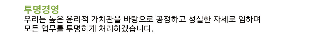 1. 투명경영: 우리는 높은 윤리적 가치관을 바탕으로 공정하고 성실한 자세로 임하며 모든 업무를 투명하게 처리하겠습니다.